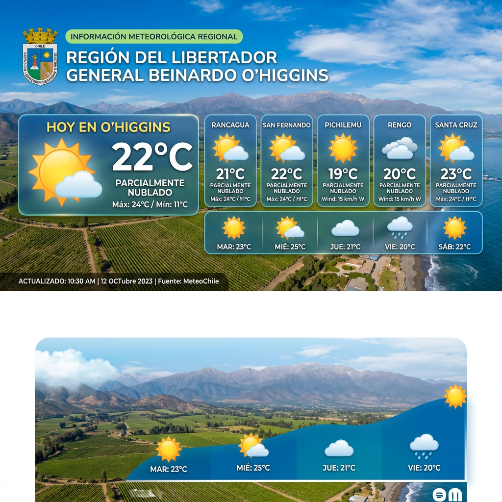 Weather forecast for O'Higgins region with temperatures and conditions for Rancagua, San Fernando, Pichilemu, Rengo, Santa Cruz and a five-day outlook
